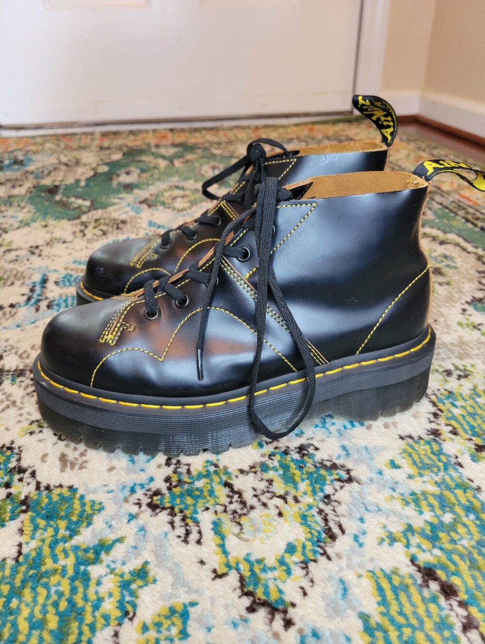 Dr. Martens Church Quad Platform Monkey Yellow Stitching Leather Boots, W9 M8 - Picture 4 of 10